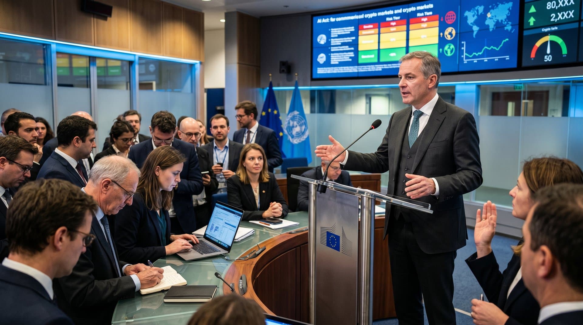 EU officials in briefing room view AI Act tiers and crypto data on screens amid policy discussions