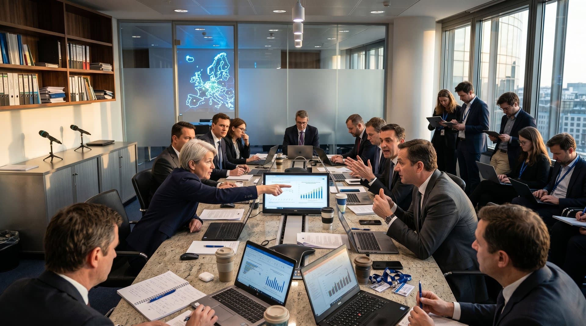 EU and UN officials discuss UN AI governance and EU AI Act in Brussels Commission briefing room with laptops and charts