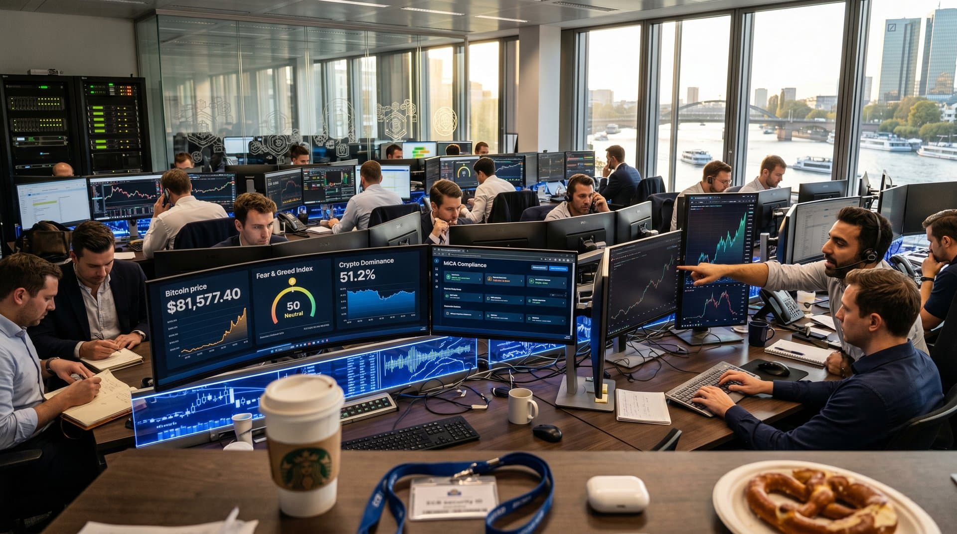 Frankfurt trading screens show Bitcoin at $81,577, Fear & Greed 50, MiCA dashboards amid ECB skyline