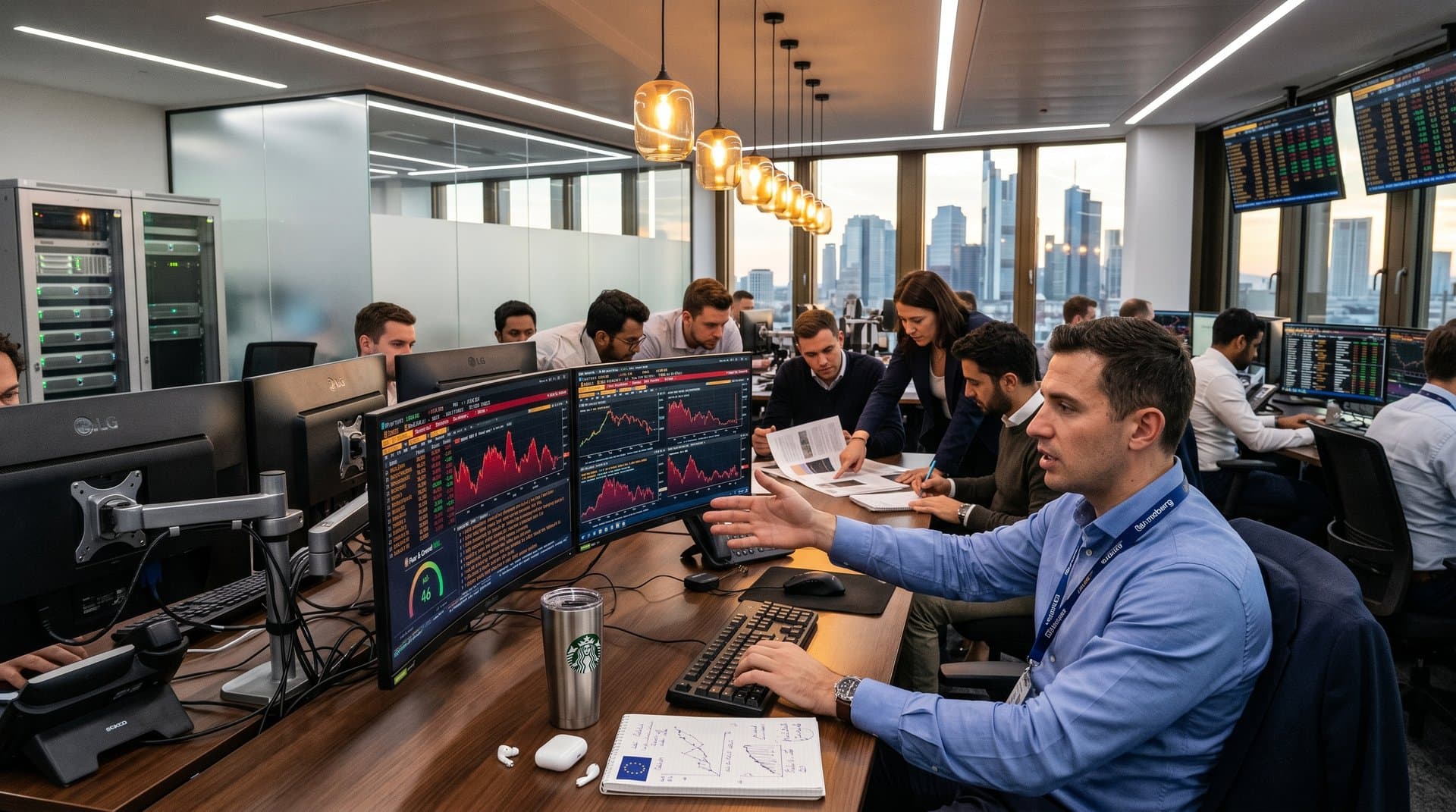 Frankfurt trading floor analysts monitor crypto charts on Bloomberg terminals amid MiCA volatility, BTC at $81K, Fear & Greed 46