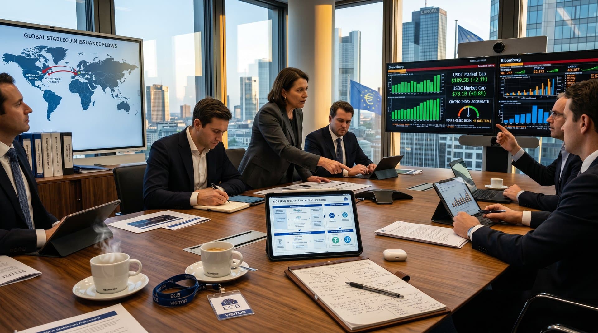 Abstract boardroom scene with charts of USDT and USDC stablecoin market caps, MiCA diagrams, and policy documents