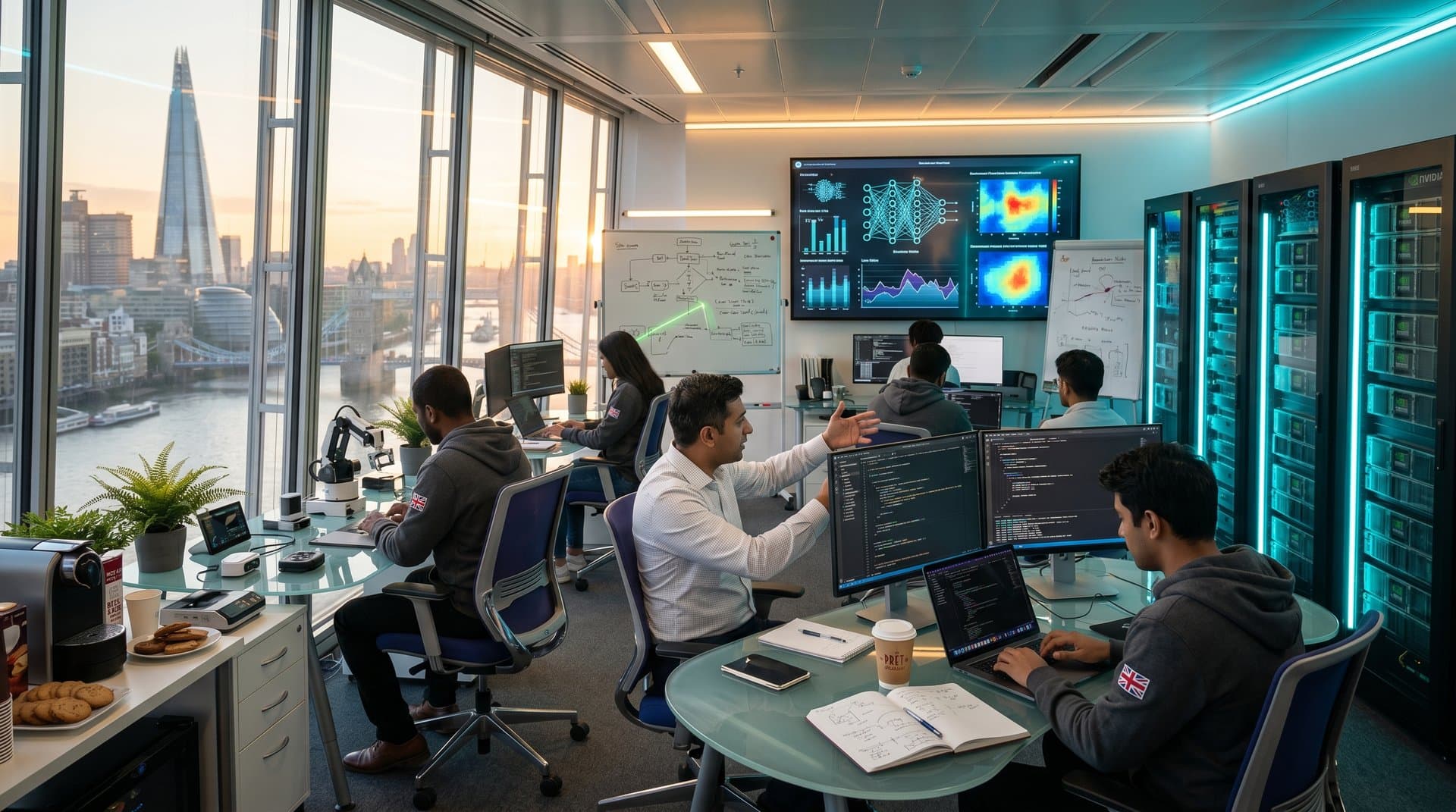 Futuristic UK AI lab in London with Thames view, glowing NVIDIA servers, neural nets, finance and green tech holograms, innovative team (118 chars)