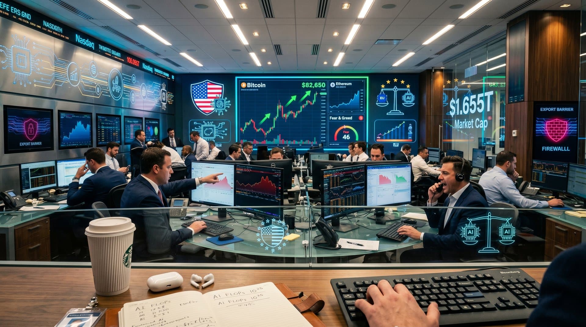 Abstract neural networks with US-EU flags, security icons, and crypto charts visualizing frontier AI vetting impacts