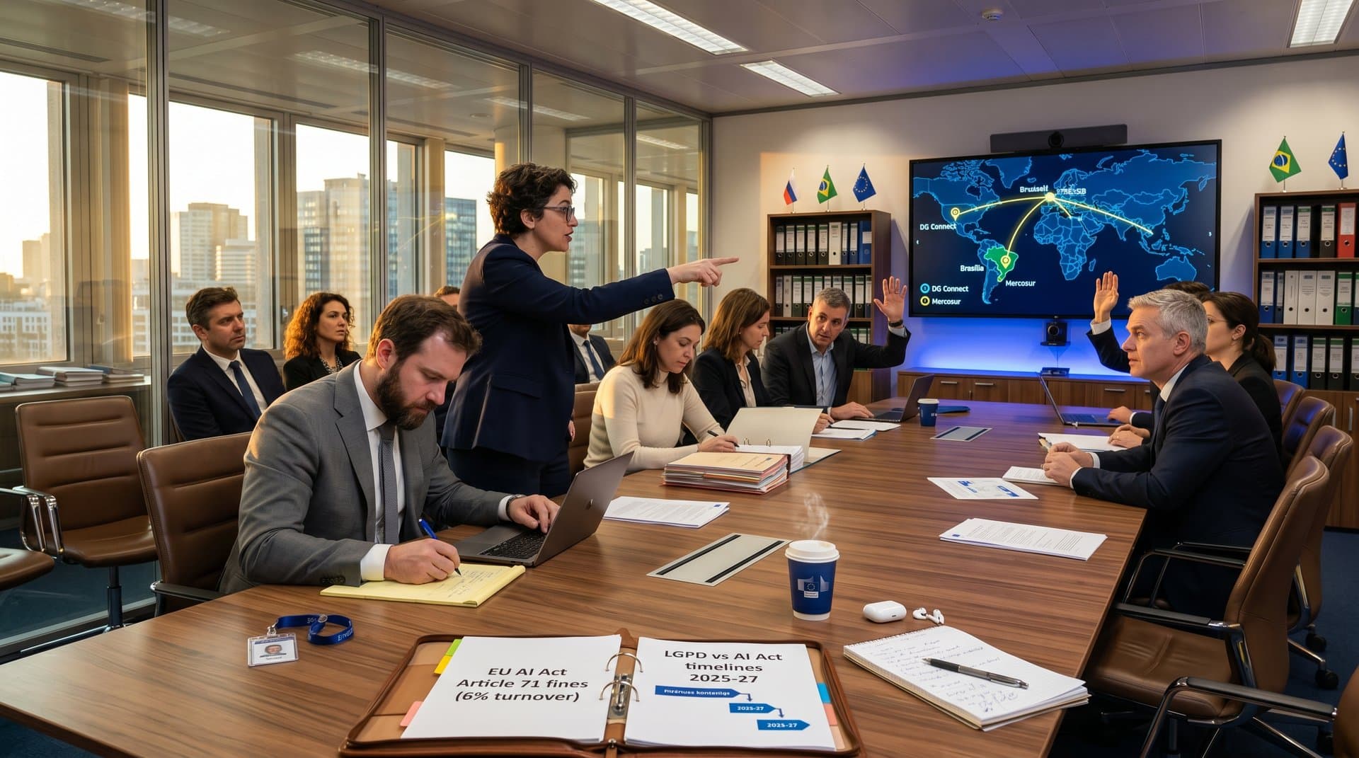 EU policy officers discuss Brazil AI documents around conference table with screens and Brussels skyline view through glass walls