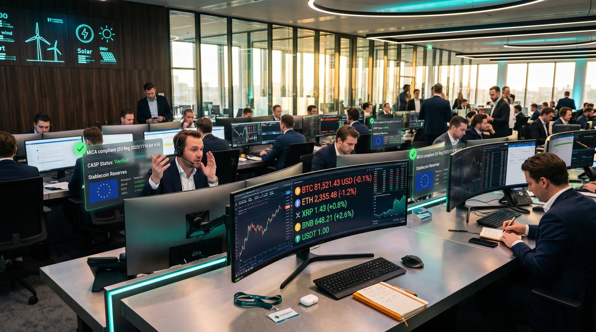 Euronext Amsterdam trading screens displaying BTC at $81K, BNB +2.6%, MiCA green compliance dashboards, and Fear & Greed at 46 in high-tech finance hub