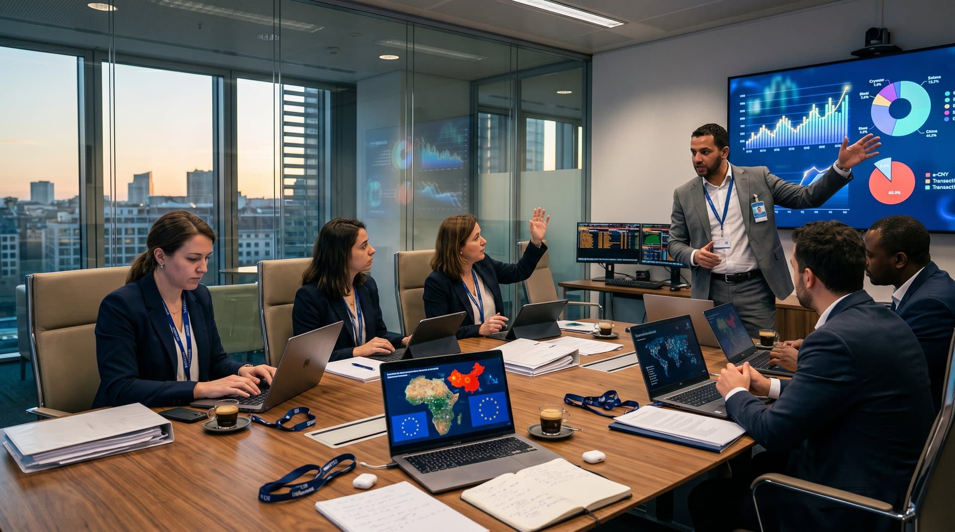 EU policymakers analyze Africa digital payments and Web3 competition maps in Brussels conference room