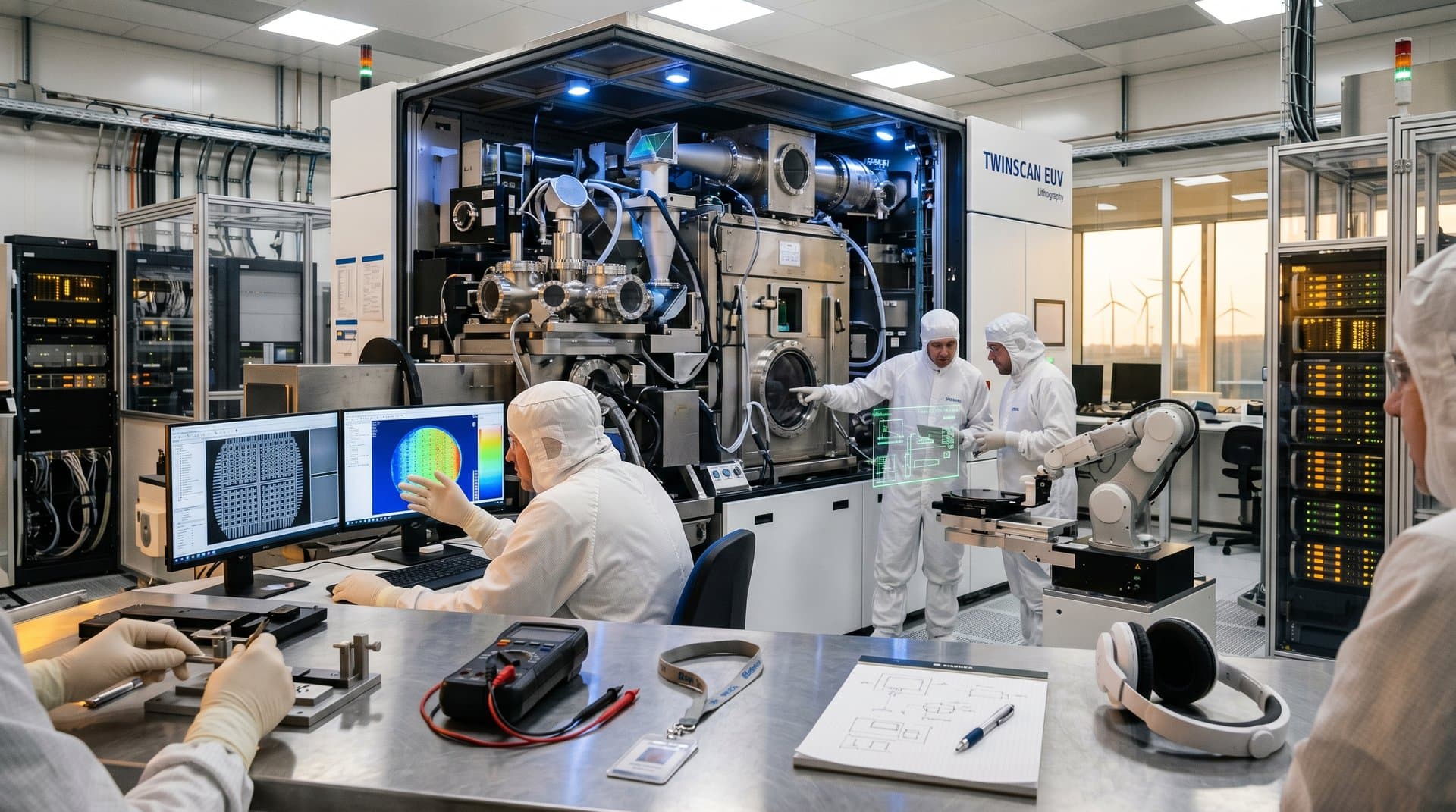 Engineers in cleanroom suits calibrate EUV lithography machines on multi-monitor setups at ASML Veldhoven lab