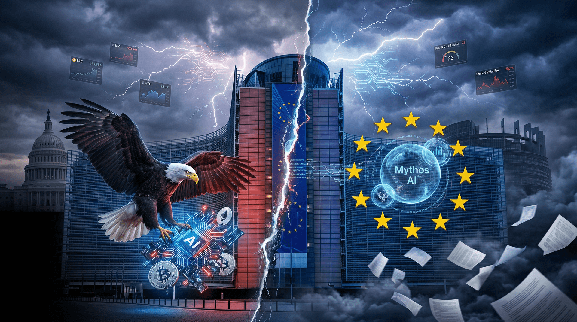 Trump AI Protection EU Clash Drives Crypto Mythos Push as BTC Hits $74,984
