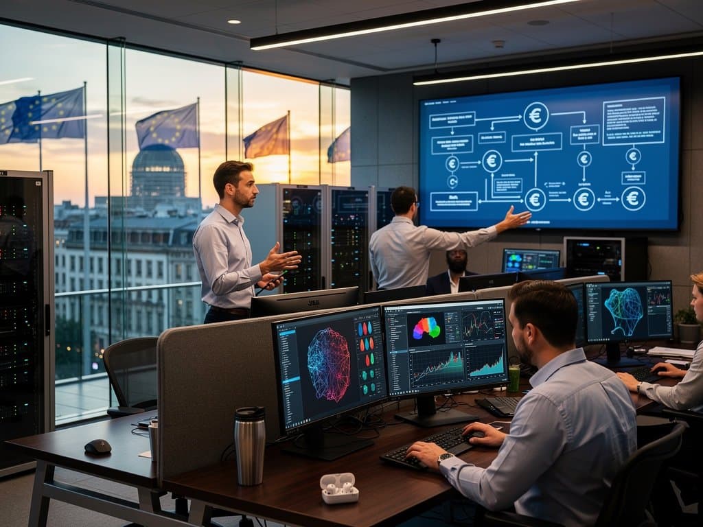 EU tech lab in Brussels displays AI neural networks and finance metrics on screens amid regulatory charts and modern workstations