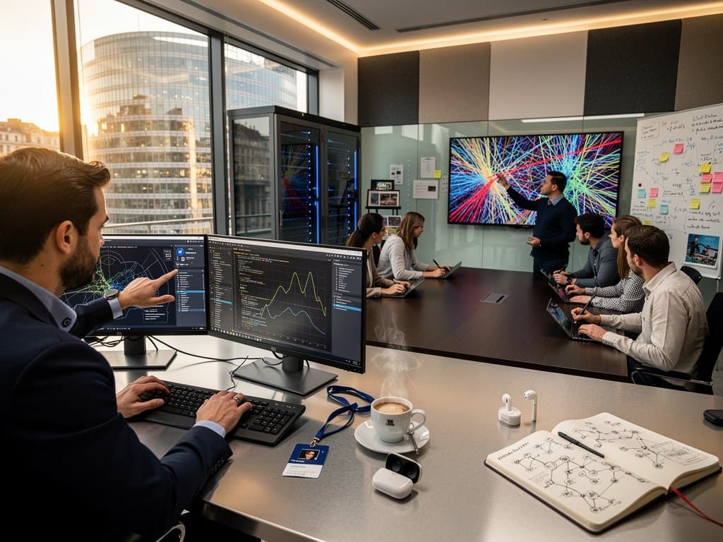 Team analyzes AI interpretability graphs on massive screen in modern Brussels AI lab