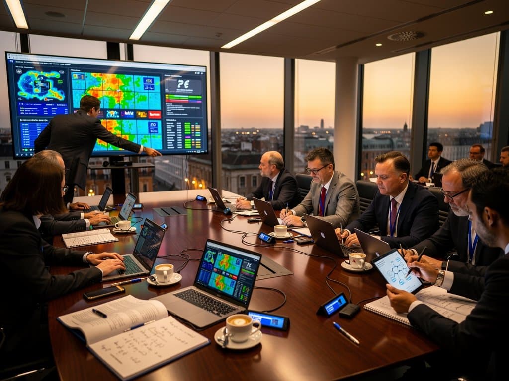EU Commission analysts review explainable AI dashboards in Brussels office with screens, flags, and city skyline