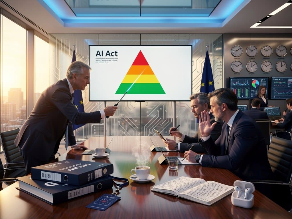 EU officials debate AI Act in Berlaymont room with risk charts on screens, documents, and Brussels skyline