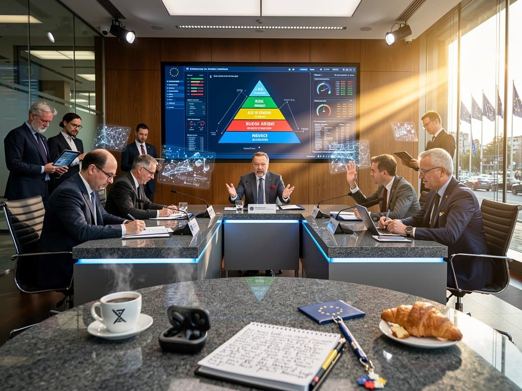 EU IMCO MEPs debate AI regulation in Berlaymont room with AI risk charts, crypto index at 23, EUR data on screens