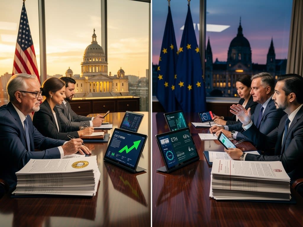 Transatlantic conference room with Minnesota capitol, EU flags, MiCA papers, and crypto dashboards showing BTC $74K, Fear & Greed 23, sustainability charts on walnut table