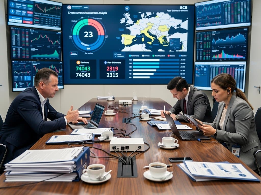 ECB briefing room OLED screen shows crypto charts at BTC $74K, Fear & Greed 23, MiCA docs amid policy reports and EU map