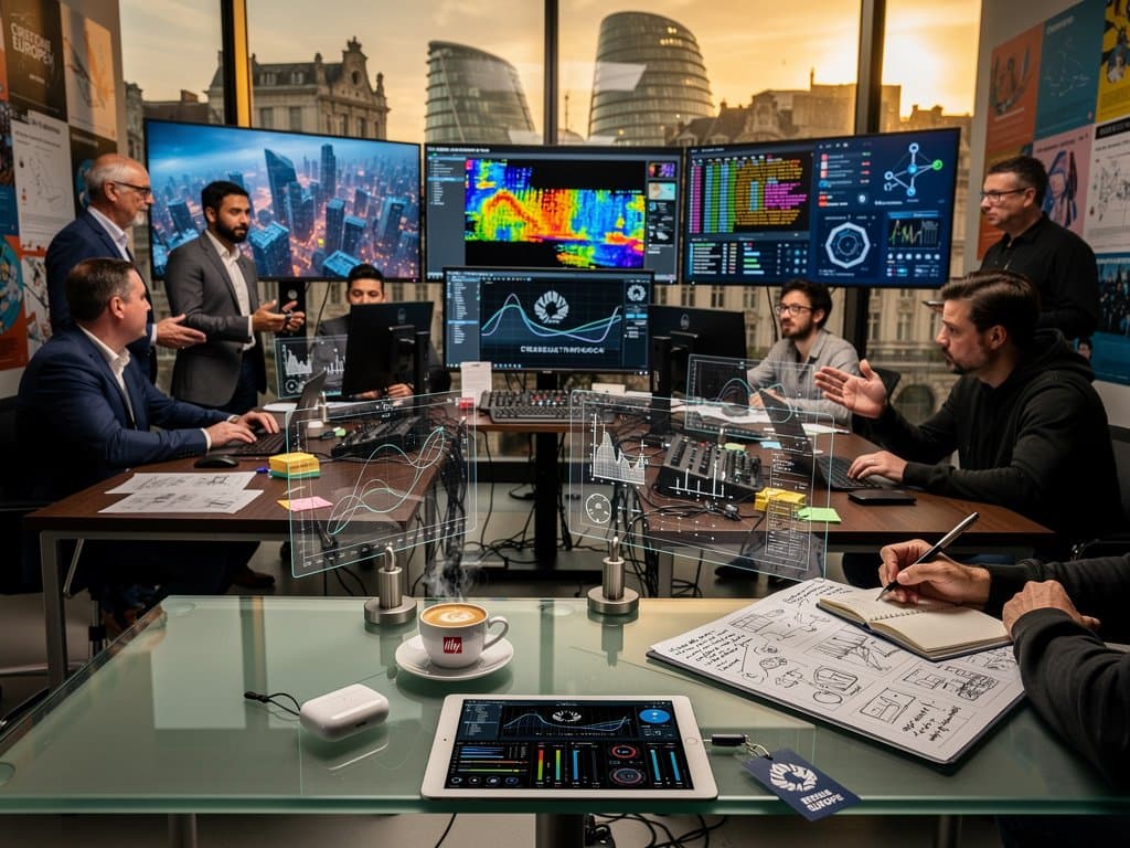 European film studio team works on AI-generated scenes with compliance tools and blockchain interfaces overlooking Brussels skyline