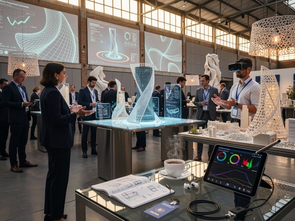 Brussels exhibition hall with AI-generated architectural models, interactive screens, and sustainable design displays under innovative lighting