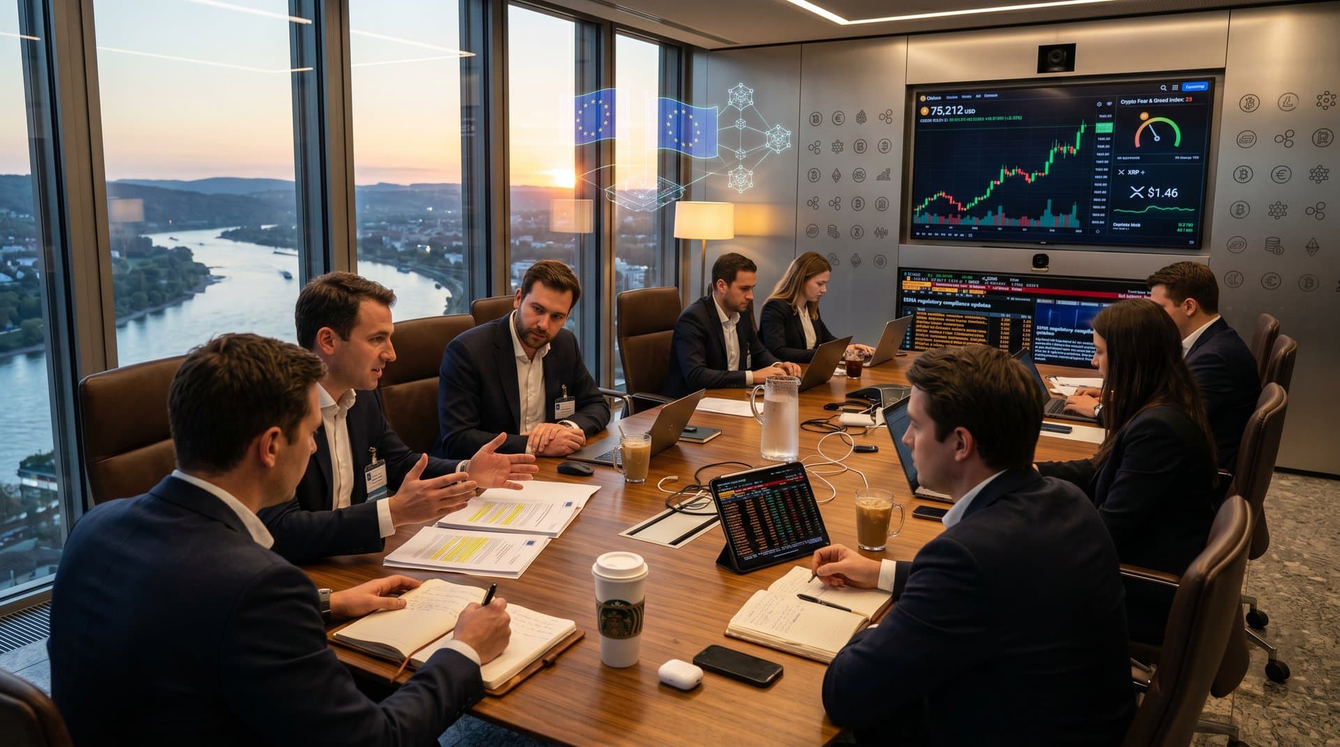 Modern conference room screen shows BTC at $75K and MiCA charts amid EU regulatory documents and Rhine Valley view