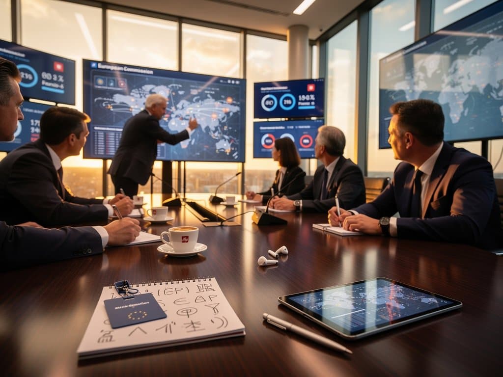 European Commission briefing on France cryptocurrency kidnappings, MiCA reforms, with blockchain analytics screens, crypto price charts, and EU officials in session