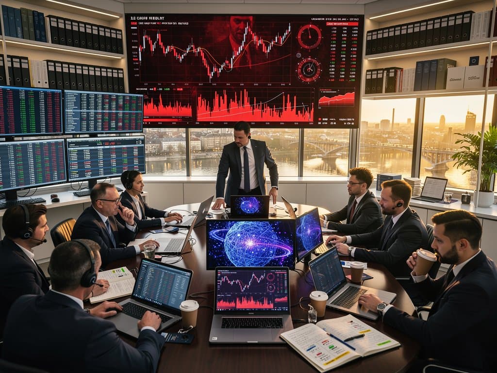 ECB room analyzing Mythos AI risks, crypto charts with Fear & Greed at 21