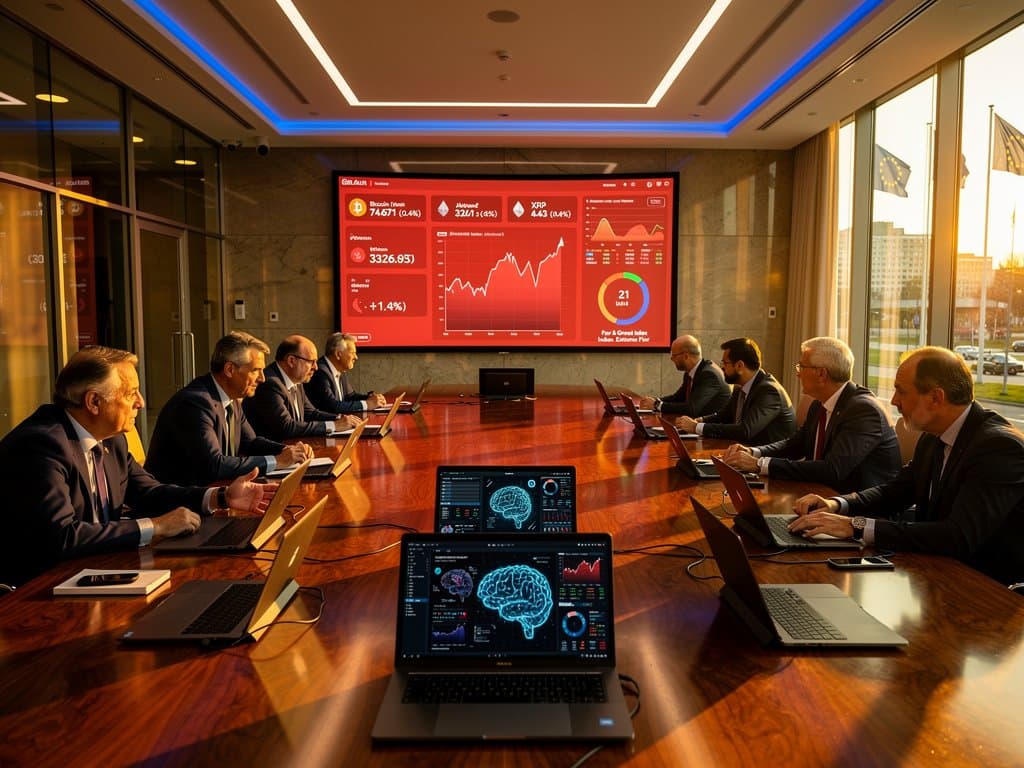 Finance ministers and bankers discuss AI charts on monitors around walnut table in EU Council Brussels boardroom with Brussels skyline view