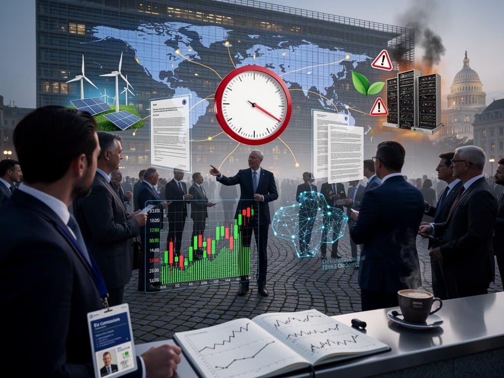 EU Commission building overlaid with crypto charts, AI networks, US Capitol, green energy icons, and regulatory tension elements