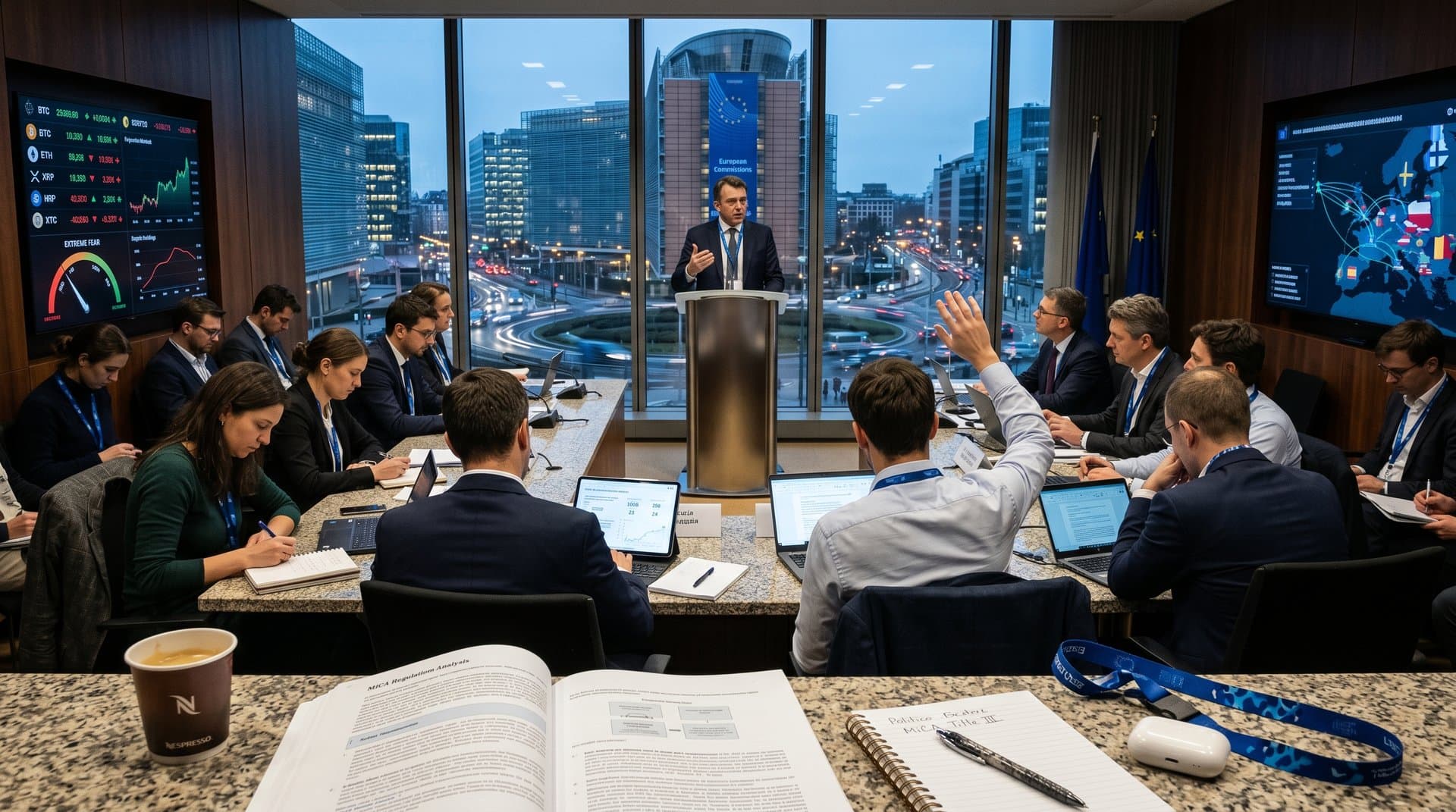 EU Commission room with MiCA documents, crypto charts, Fear & Greed Index, Bitcoin prices, and journalist notes on tables