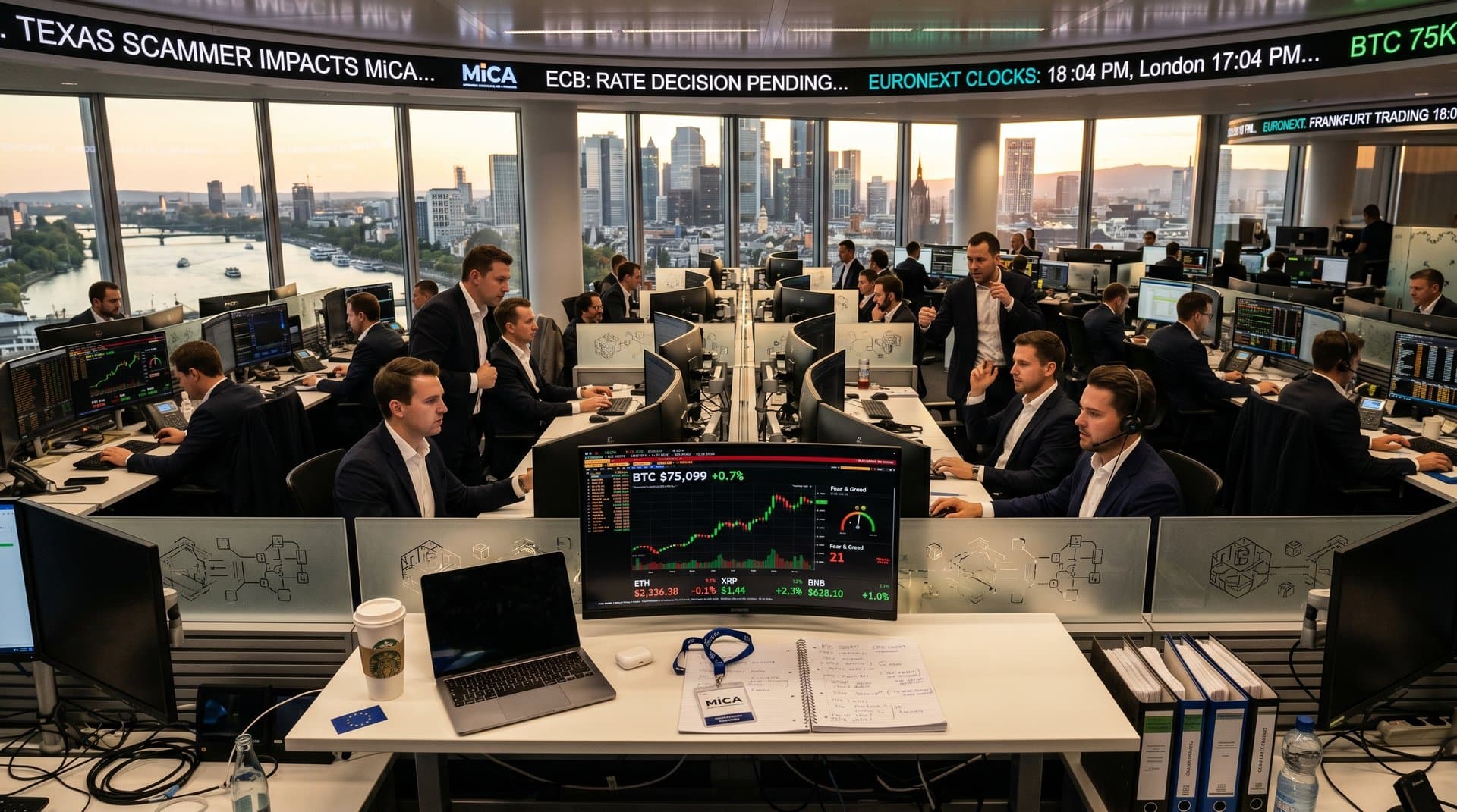 Analysts at Bloomberg terminals on Deutsche Bank crypto trading floor review BTC charts and MiCA data amid multiple screens and river view windows