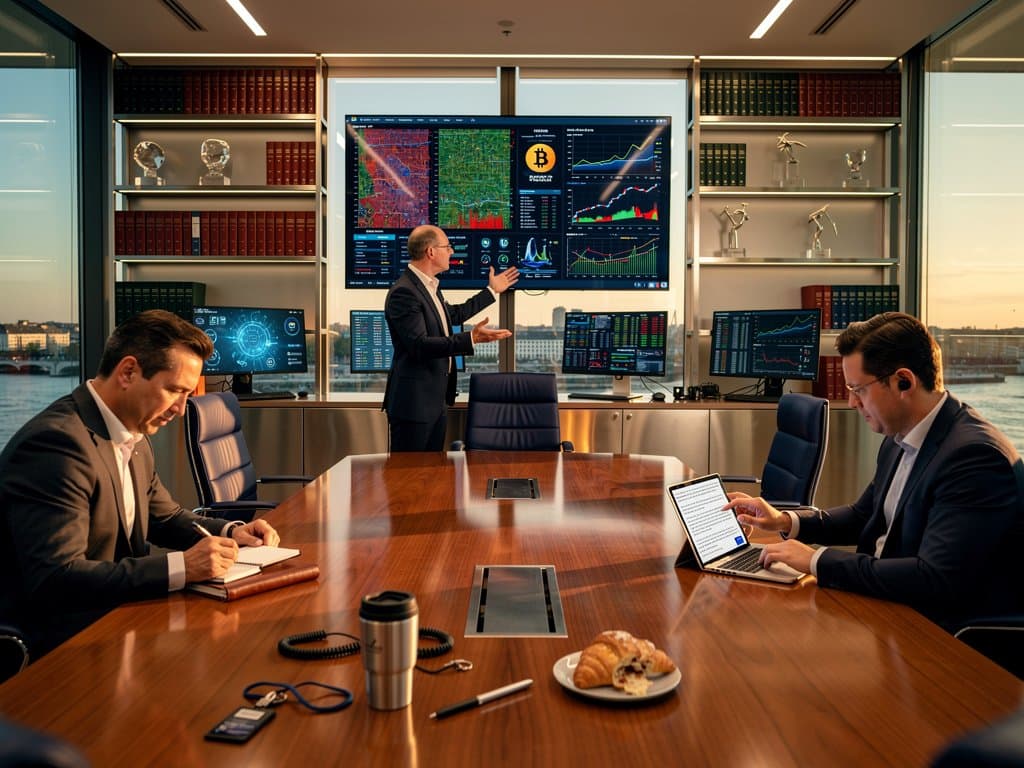 ECB boardroom with AI risk maps, crypto charts, and regtech tools on screens