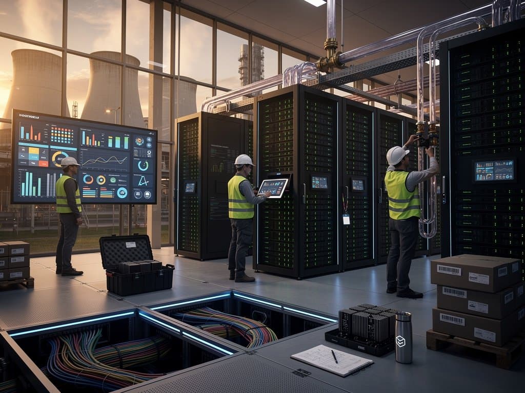 High-security data centre with glowing server racks, cooling systems, and monitoring screens amid technical infrastructure