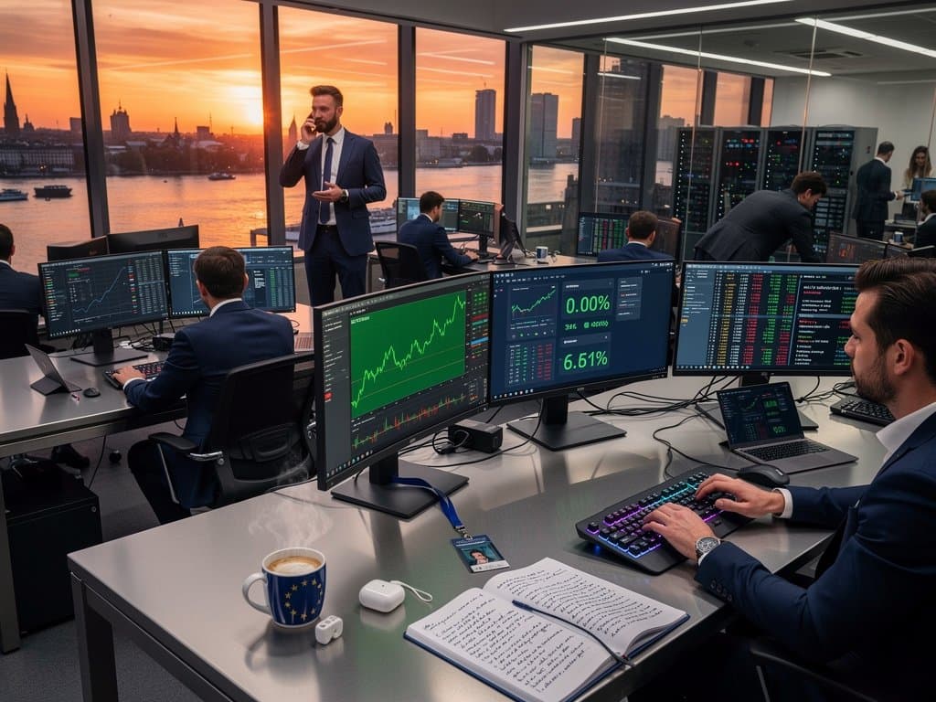 European bank traders analyze Bitcoin Cash price surge to $457 on MiCA news, with charts, monitors, and Frankfurt skyline