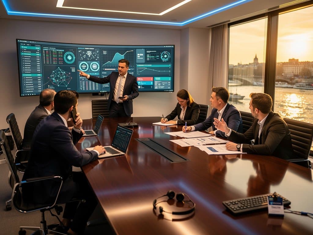 TRACFIN analysts review crypto blockchain transactions in modern Paris HQ conference room overlooking Seine