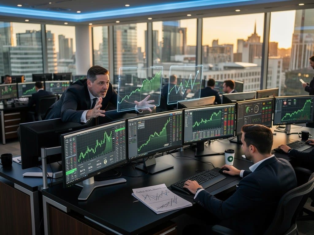 Traders at Deutsche Börse desks monitor Dogecoin charts on Bloomberg terminals amid MiCA discussions in modern Frankfurt trading floor