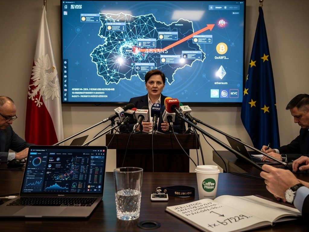 Polish PM Tusk at Warsaw presser with screen showing crypto flows from Russia to Poland election map