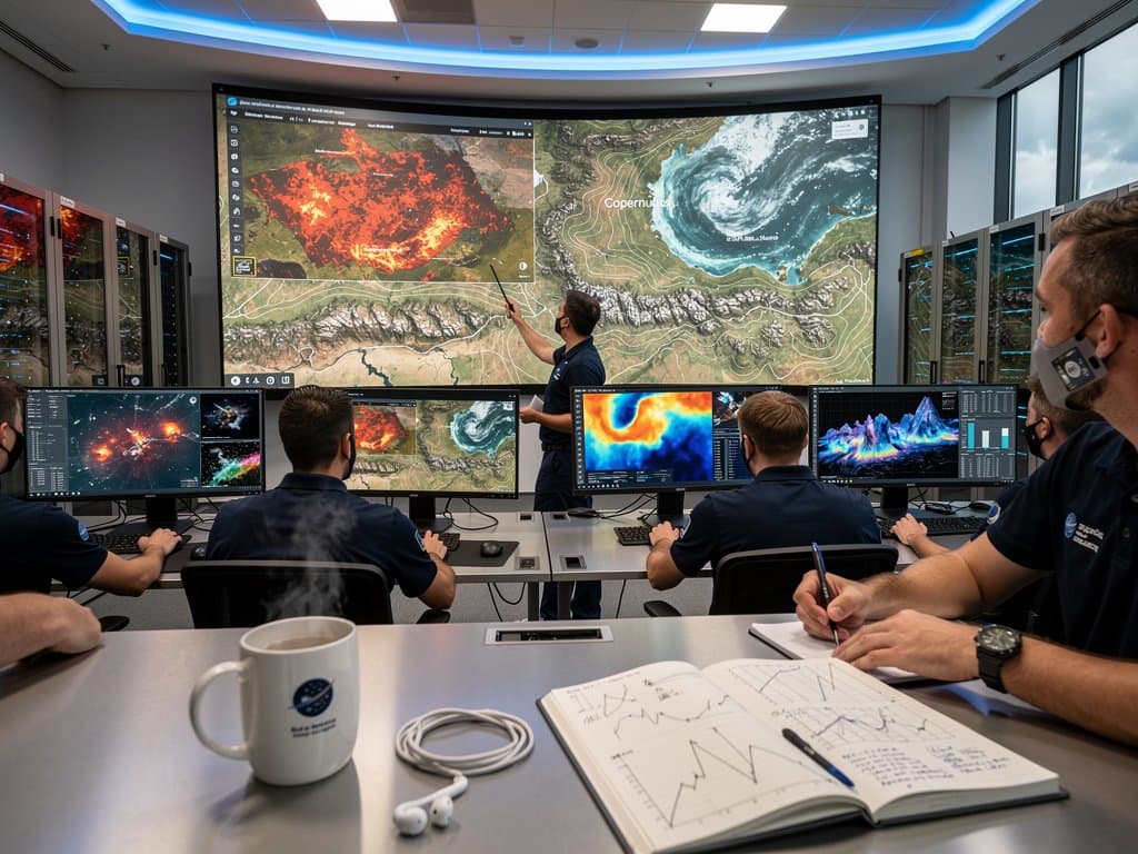 AI satellite imagery of EU environmental data on monitors in modern ESA operations center