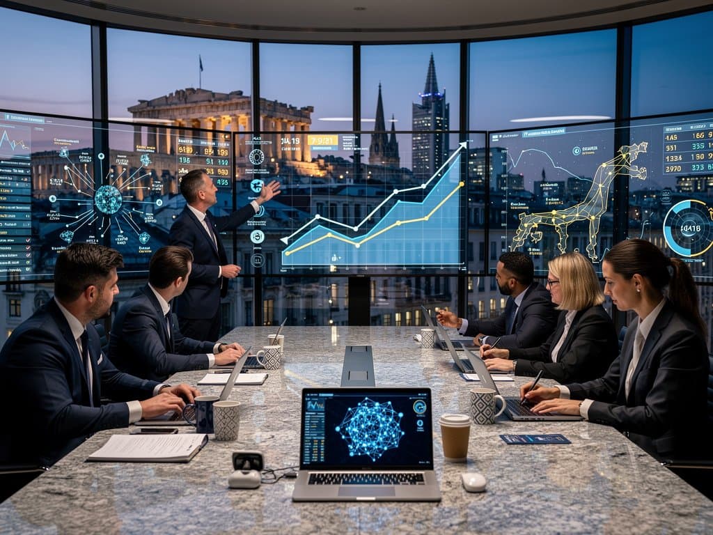 High-tech dashboards displaying Greece AI tax audits metrics and EU fiscal data visualizations in modern Brussels conference room