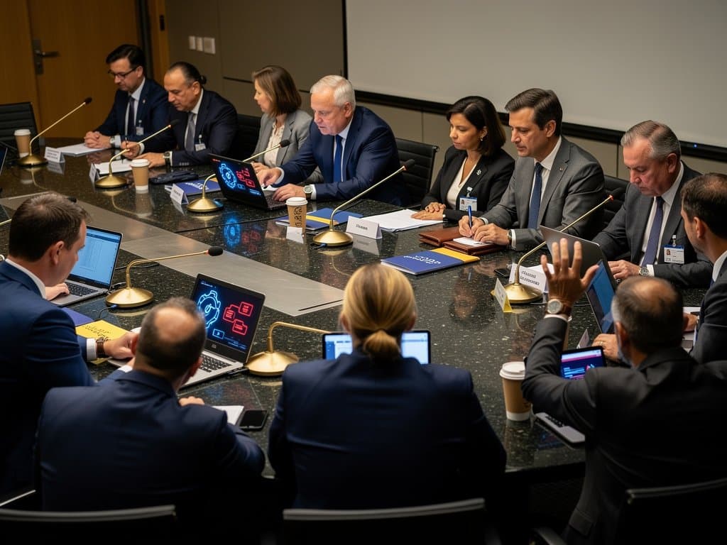 Journalists in EU Parliament briefing room analyzing blockchain charts and Polish election data amid modern decor.