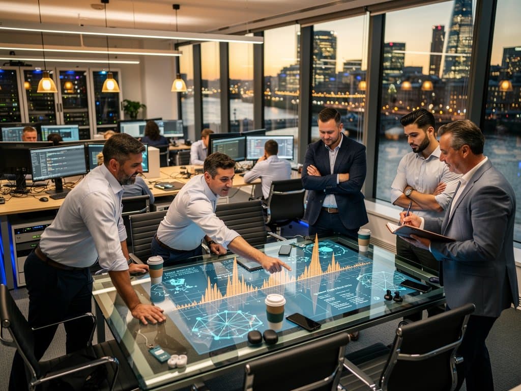 London fintech team analyzes AI neural networks and crypto charts in modern office overlooking Thames
