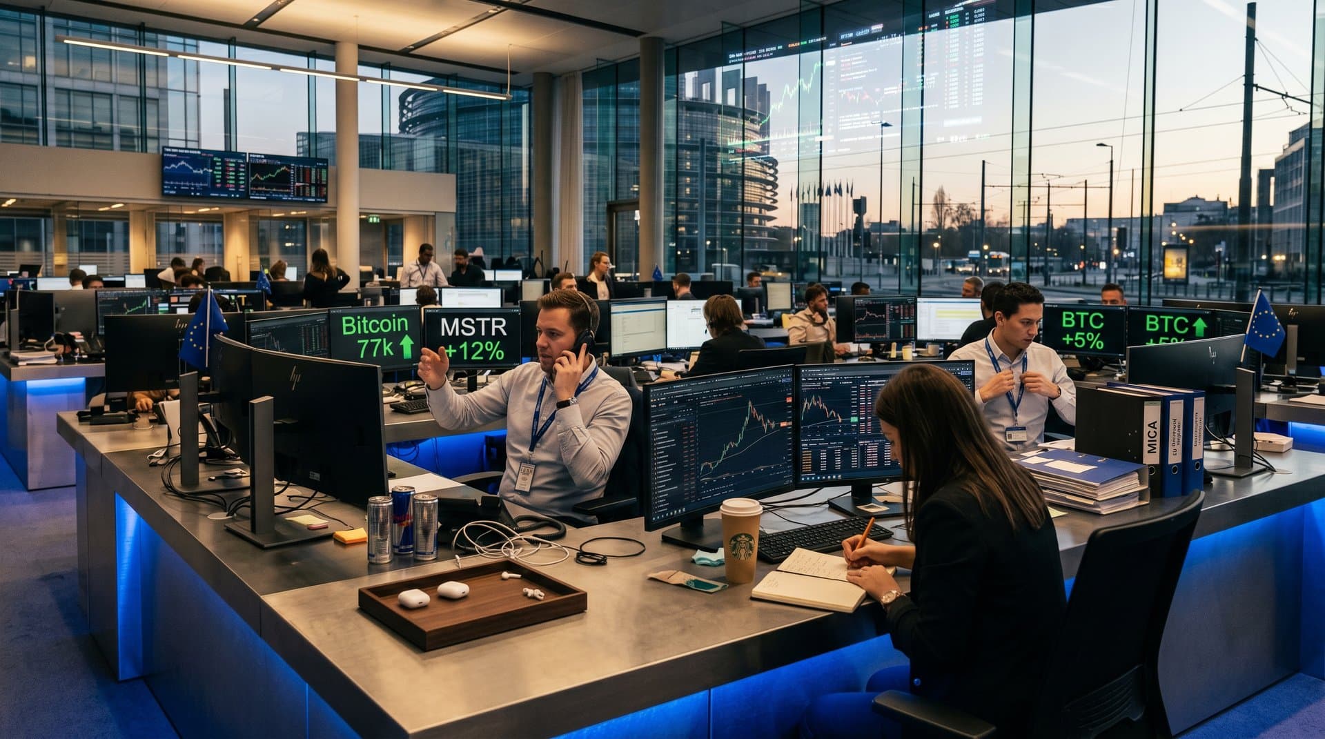 Trading screens show MicroStrategy surge and Bitcoin rally amid EU MiCA documents in Brussels finance hub