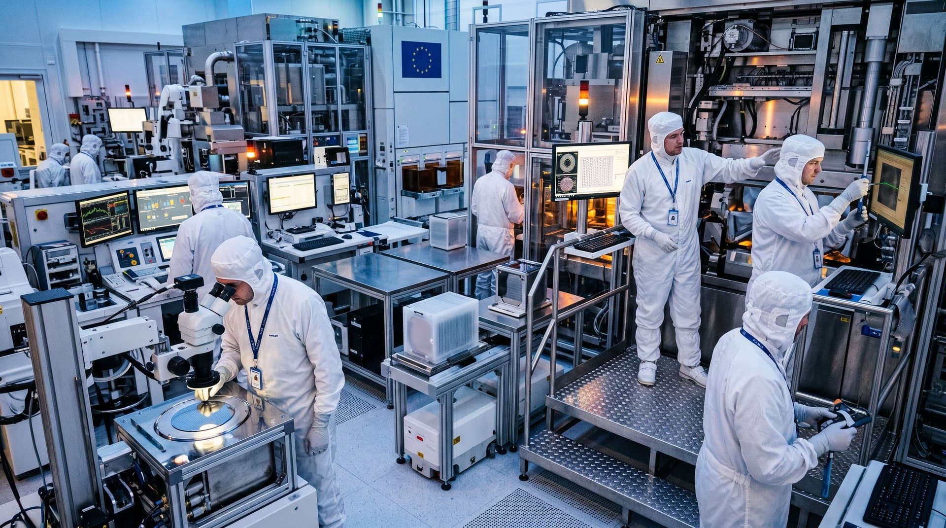 Cleanroom engineers calibrate EUV lithography machine with monitors, robotic arms, and AI holograms at ASML facility