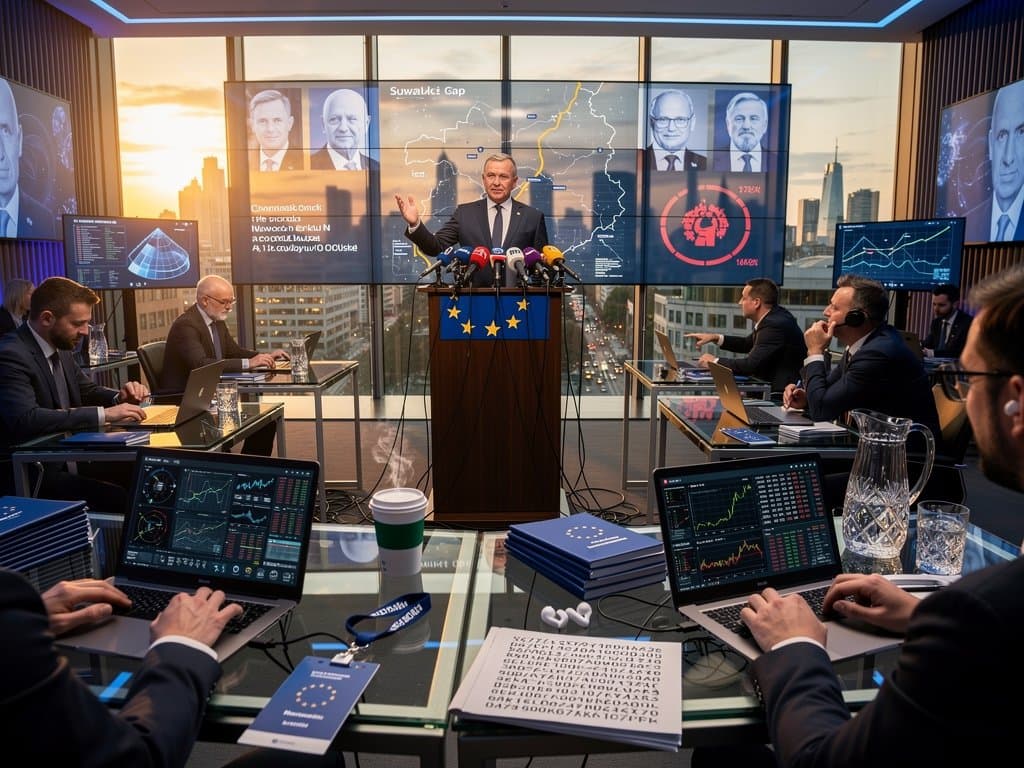 EU press room podium with Polish flag, laptops displaying crypto blockchain data and MiCA references