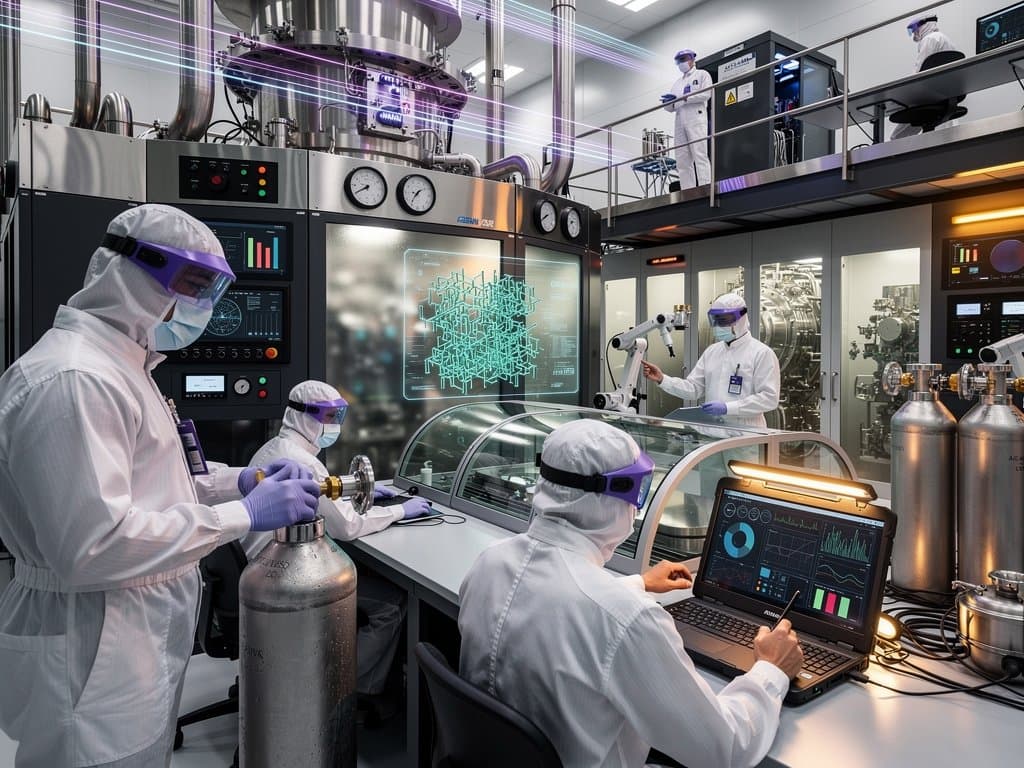 ASML cleanroom with technicians calibrating EUV machine, robotic arms, glowing monitors in high-tech facility