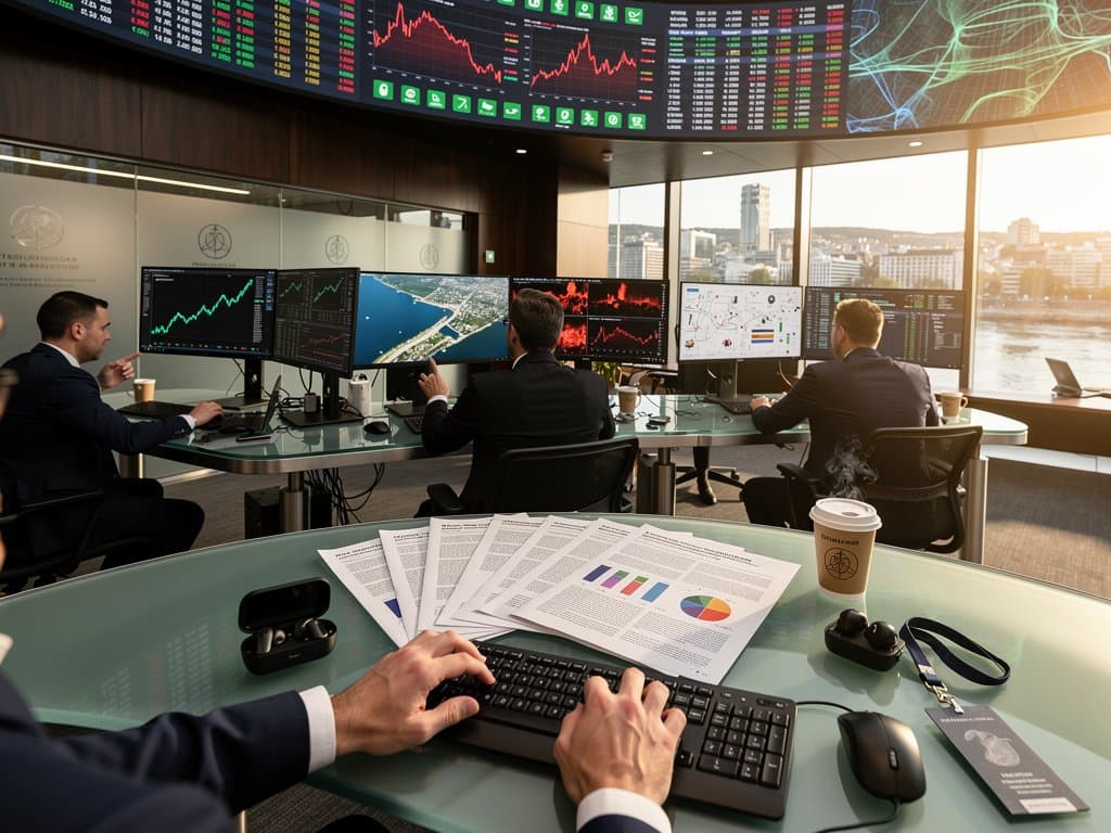 Frankfurt traders track crypto rally, Hormuz oil futures, AI models on multi-screen setups in financial hub