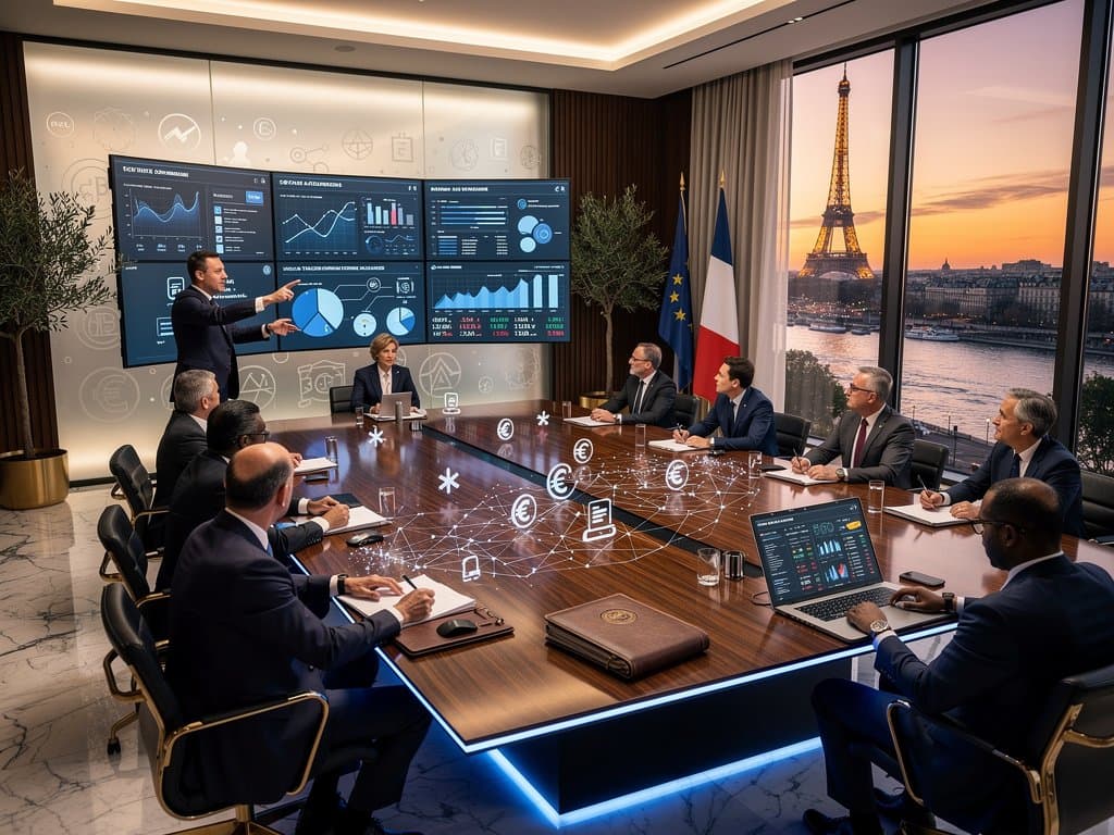 Executives in European bank boardroom analyze euro stablecoin and MiCA charts on monitors
