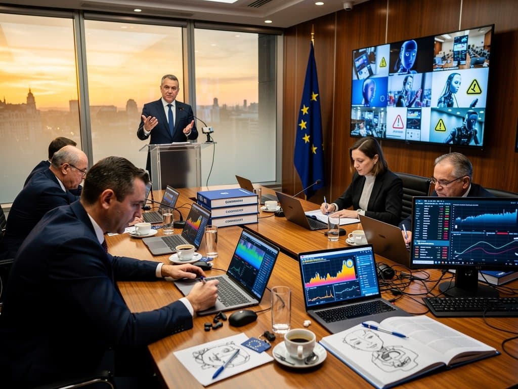 EU Commission briefing room with monitors displaying social media analytics on fake AI avatars and DSA regulation charts