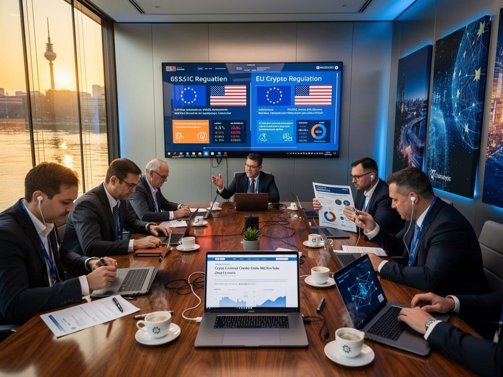 ECB boardroom scene with MiCA regulation and crypto market charts including Fear & Greed Index at 26