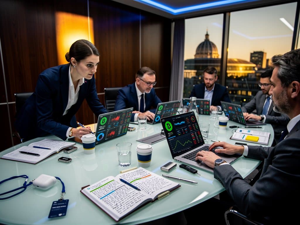 EU regulators in Brussels office review Massachusetts AG crypto guide and MiCA charts on digital screen amid policy documents