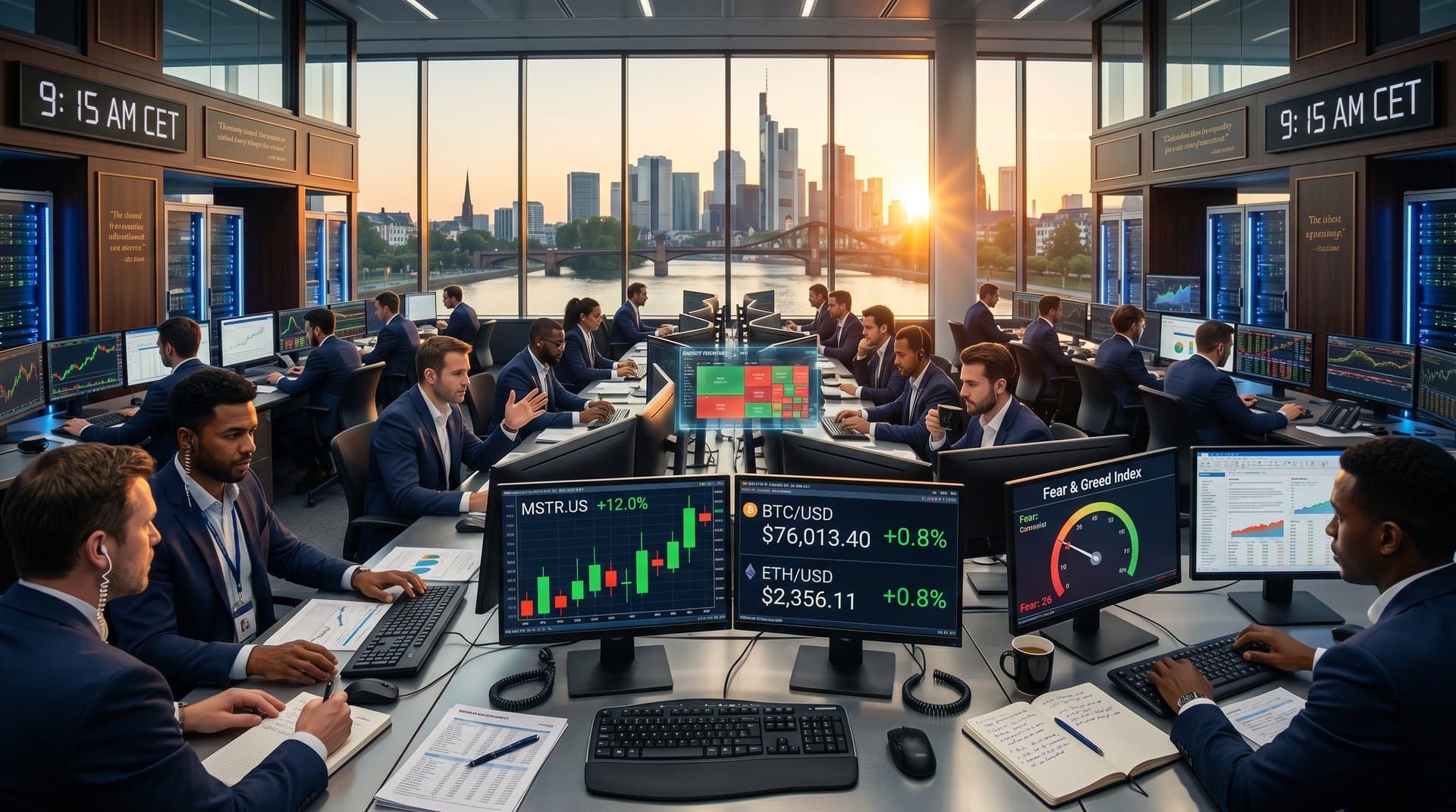Frankfurt traders analyze MicroStrategy 12% surge and Bitcoin at $76,013 on terminals amid MiCA context and EU skyline