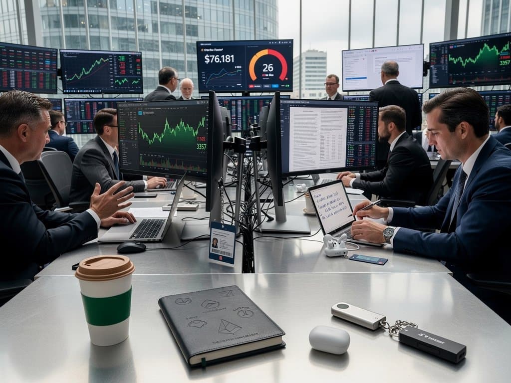 Trading screens show BTC USD 76K, Fear & Greed 26 on modern finance floor with ECB view