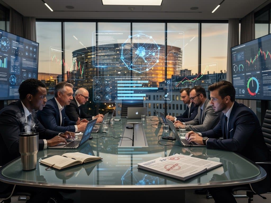 EU policymakers analyze Mythos model safety, crypto charts in Brussels room with AI holograms and Fear & Greed at 26